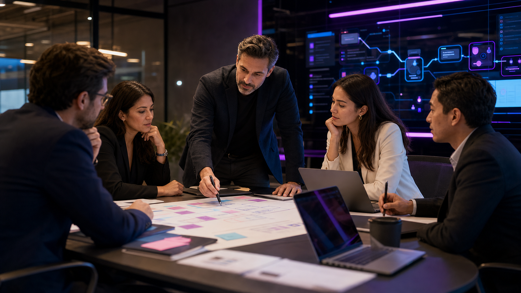 Equipo ejecutivo implementando estrategia de IA